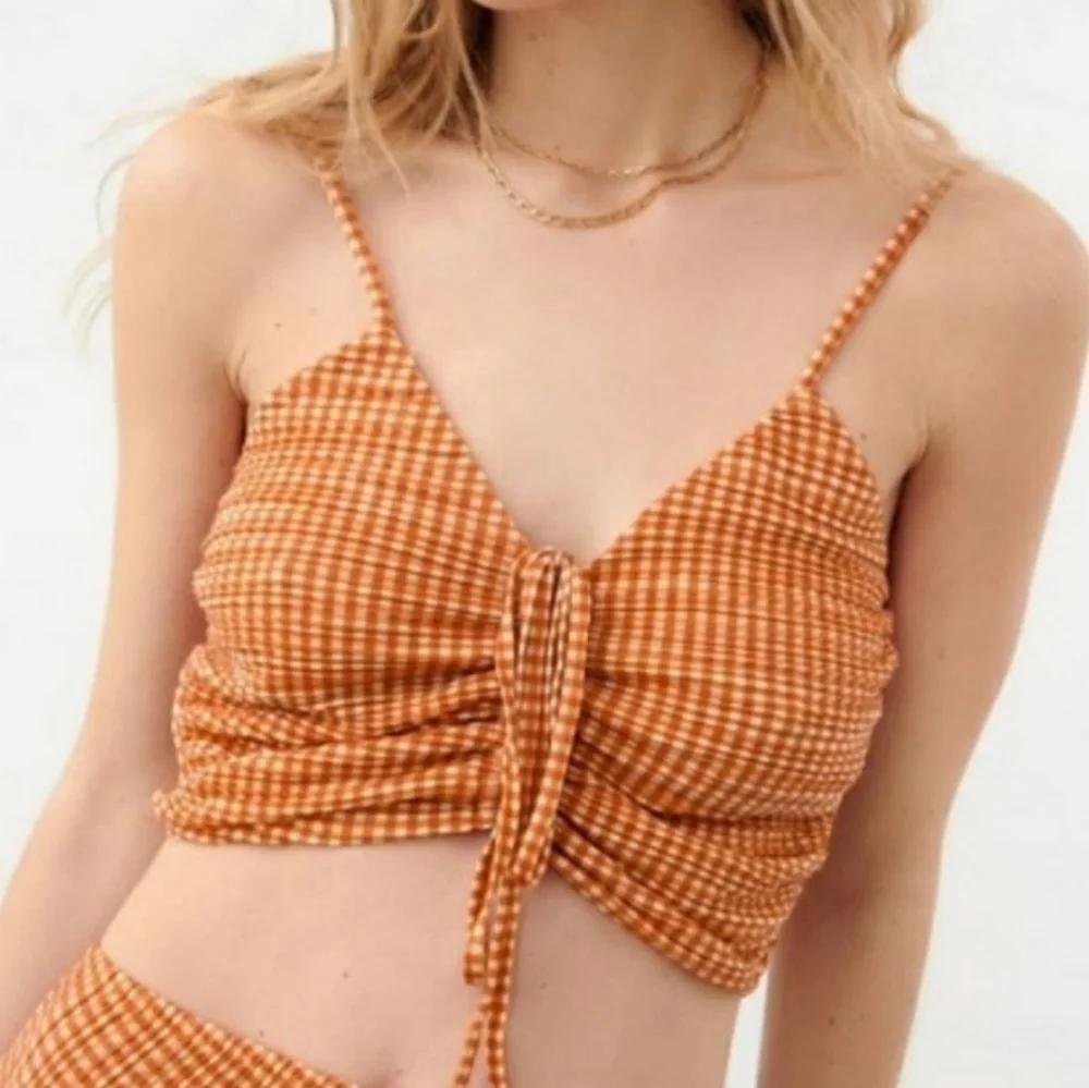 New ZARA Gingham Plaid Checked Cropped Halter Top Ruched Burnt Orange Medium - Picture 12 of 12